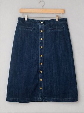 Talbots Womens Denim Button Front Midi Skirt Size 14 Blue Stretch Cotton A-Line